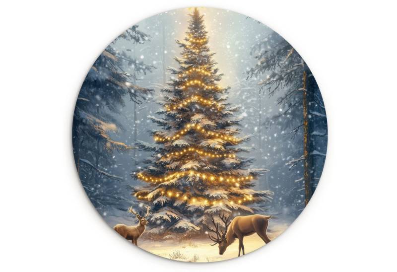 MuchoWow Gemälde Weihnachtsbeleuchtung - Wald - Hirsche - Dunkelheit, Fotodruck (1 St), Kreis Wanddekoration, Rundes Wandbild, 30x30 cm von MuchoWow