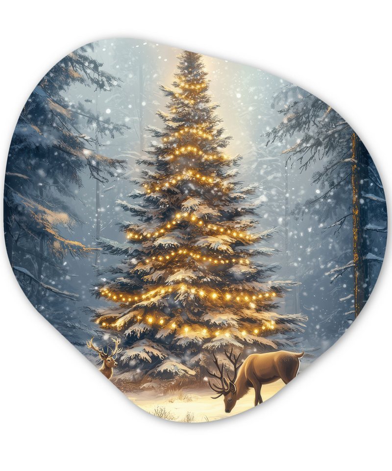 MuchoWow Gemälde Weihnachtsbeleuchtung - Wald - Hirsche - Dunkelheit, Fotodruck (1 St), Wandbild Abstrakt, Wohnzimmer Schlafzimmer Wanddekoration, 40x40 cm von MuchoWow