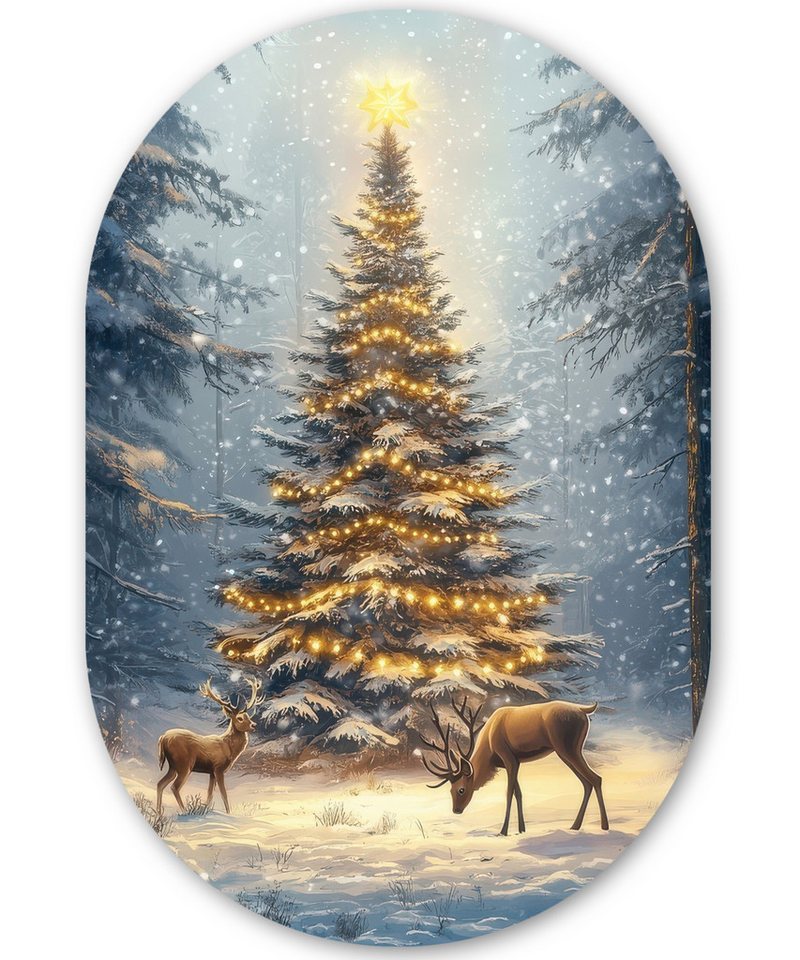MuchoWow Gemälde Weihnachtsbeleuchtung - Wald - Hirsche - Dunkelheit, Fotodruck (1 St), Wandbild Oval, Wohnzimmer oder Schlafzimmer Wanddekoration, 40x60 cm von MuchoWow