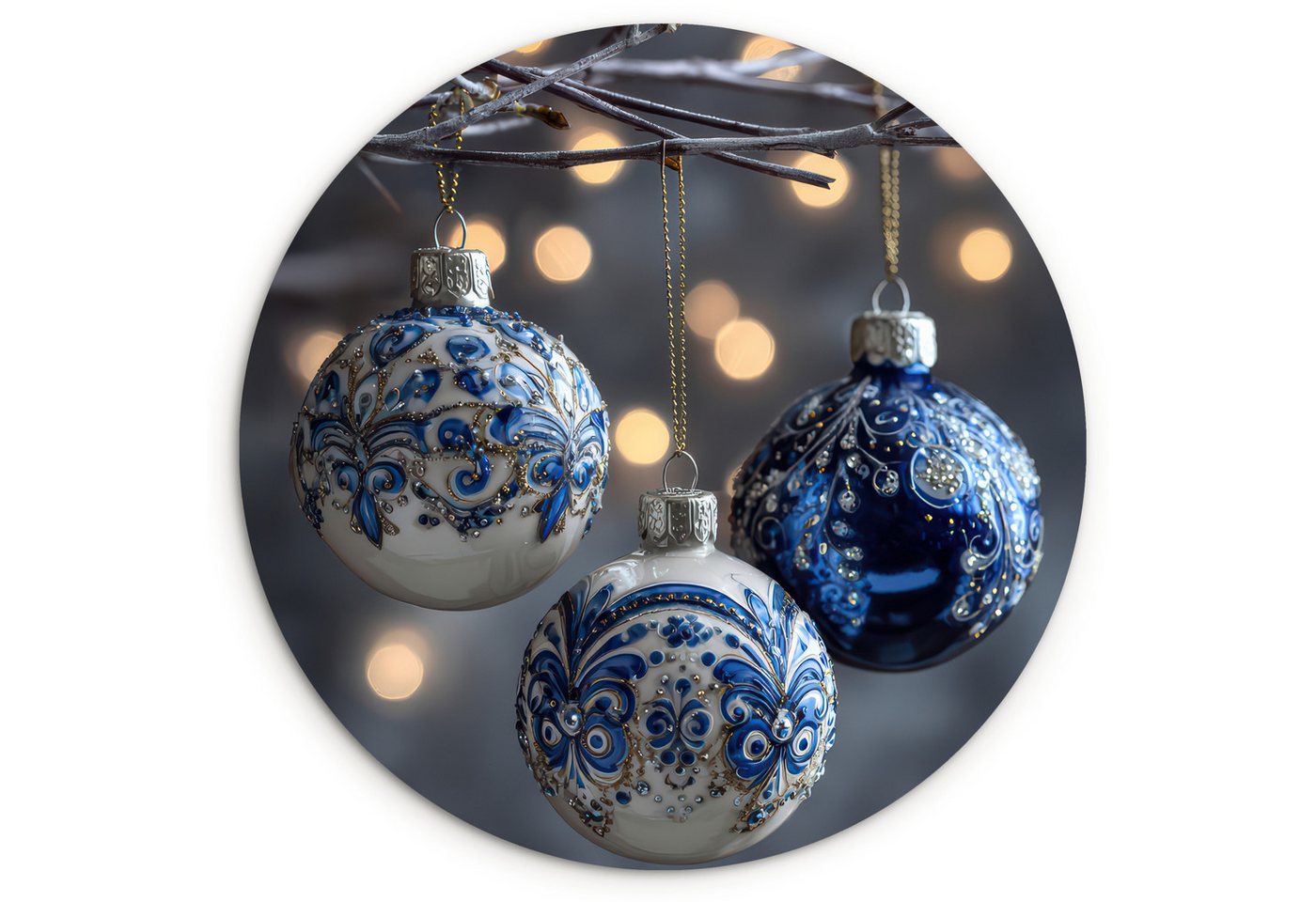 MuchoWow Gemälde Weihnachtskugel - Dekoriert - Blau, Fotodruck (1 St), Kreis Wanddekoration, Rundes Wandbild, 30x30 cm von MuchoWow