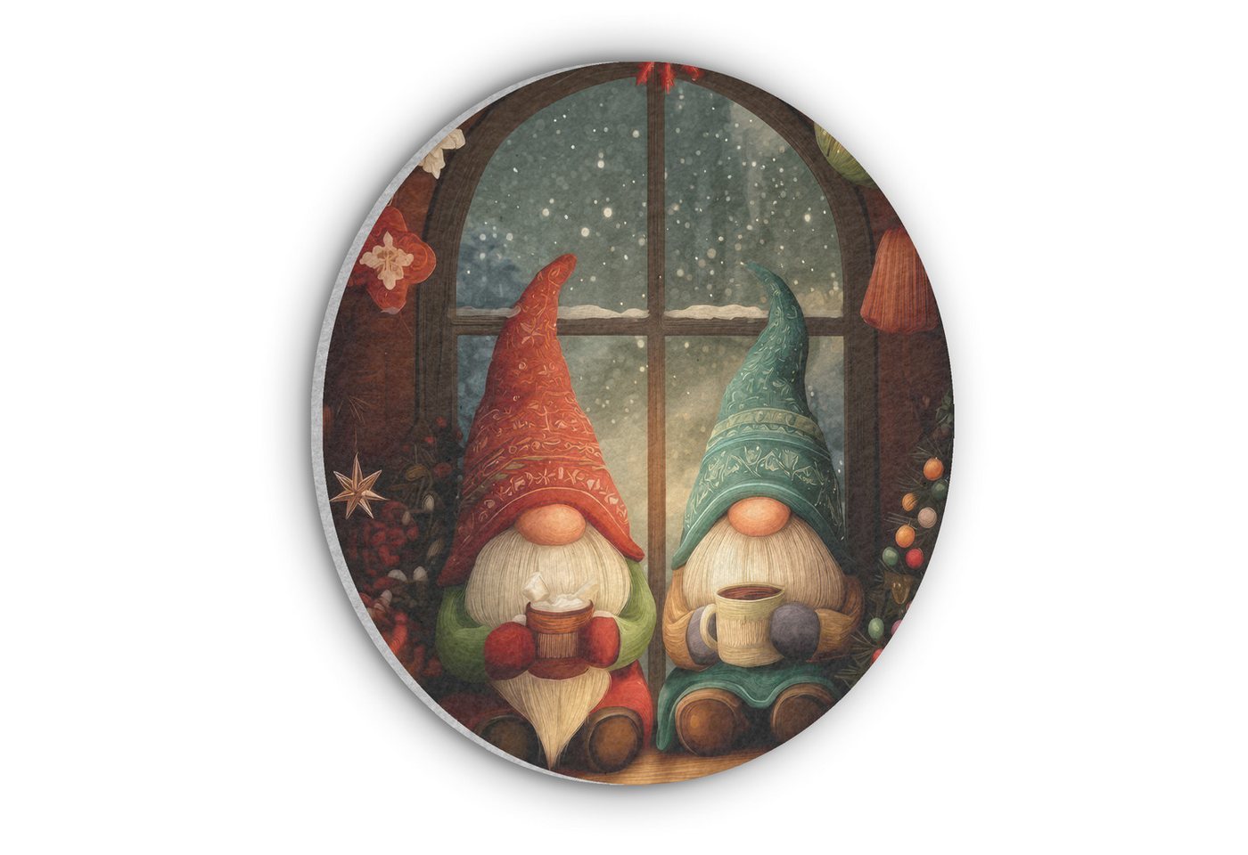 MuchoWow Gemälde Wichtel - Weihnachten - Fenster - Farbenfroh, Fotodruck (1 St), Akustikpaneele rund, Schalldämmung, Akustikbilder 30x30 cm von MuchoWow