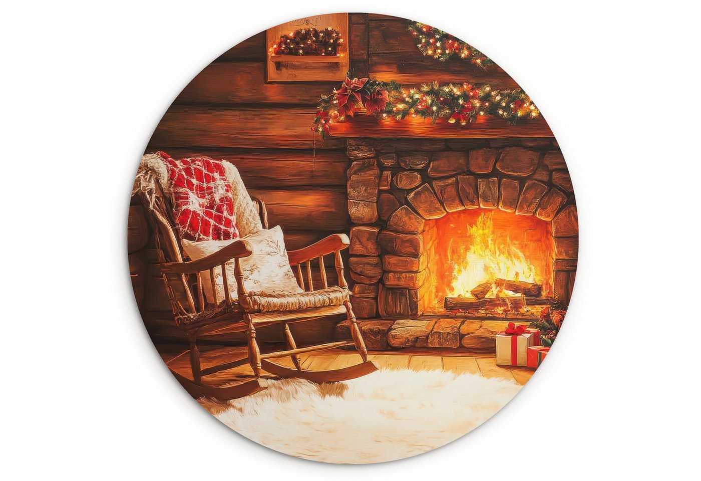 MuchoWow Gemälde Winter - Weihnachten - Zuhause - Kamin, Fotodruck (1 St), Kreis Wanddekoration, Rundes Wandbild, 30x30 cm von MuchoWow