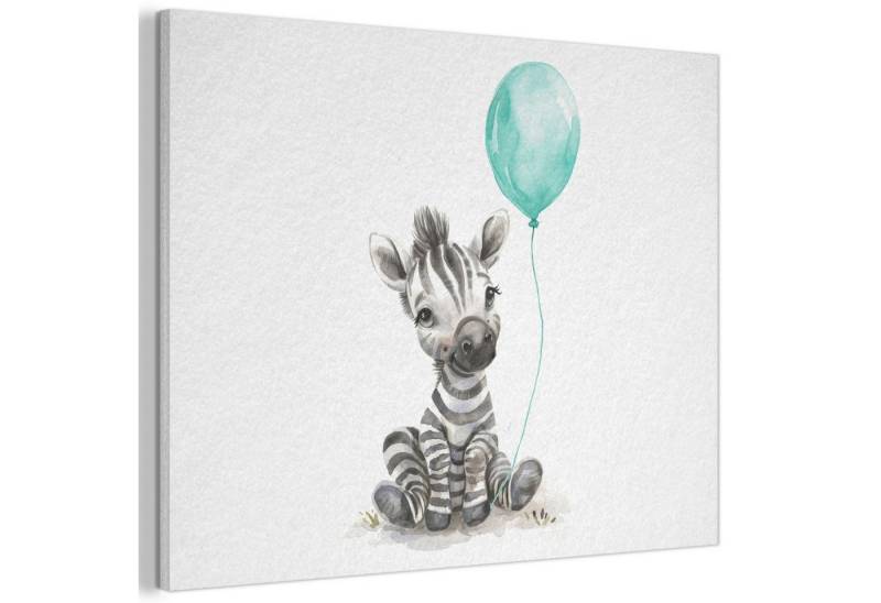 MuchoWow Gemälde Zebra - Tierbaby - Blauer Luftballon, Fotodruck (1 St), Akustikpaneele PET-Filz, Akustikbild, Schalldämmung, Deko 40x30 cm von MuchoWow