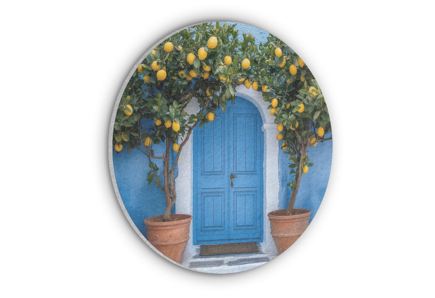 MuchoWow Gemälde Zitronenbäume - Gelb - Tür - Töpfe, Fotodruck (1 St), Akustikpaneele rund, Schalldämmung, Akustikbilder 30x30 cm von MuchoWow