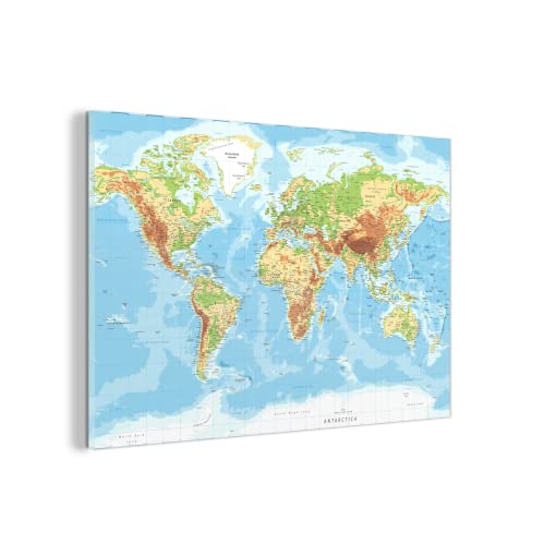 MuchoWow Glasbild Glasfoto Wandbild Bilder Deko 120x80 cm Weltkarte - Atlas - Topographie von MuchoWow