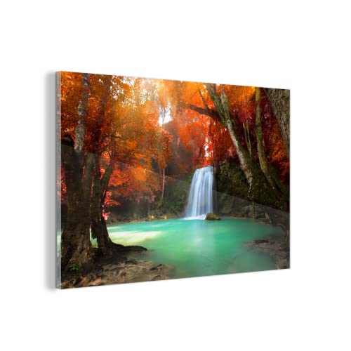 MuchoWow Glasbild Glasfoto Wandbild Bilder Deko 150x100 cm Herbst - Wasserfall - Wald von MuchoWow