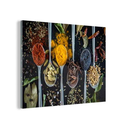 MuchoWow Glasbild Glasfoto Wandbild Bilder Deko 40x30 cm Löffel - Gewürze - Kräuter - Lebensmittel - Tisch von MuchoWow