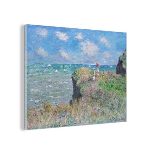 MuchoWow Glasbild Glasfoto Wandbild Bilder Deko 80x60 cm Spaziergang auf der Klippe in Pourville - Gemälde von Claude Monet von MuchoWow