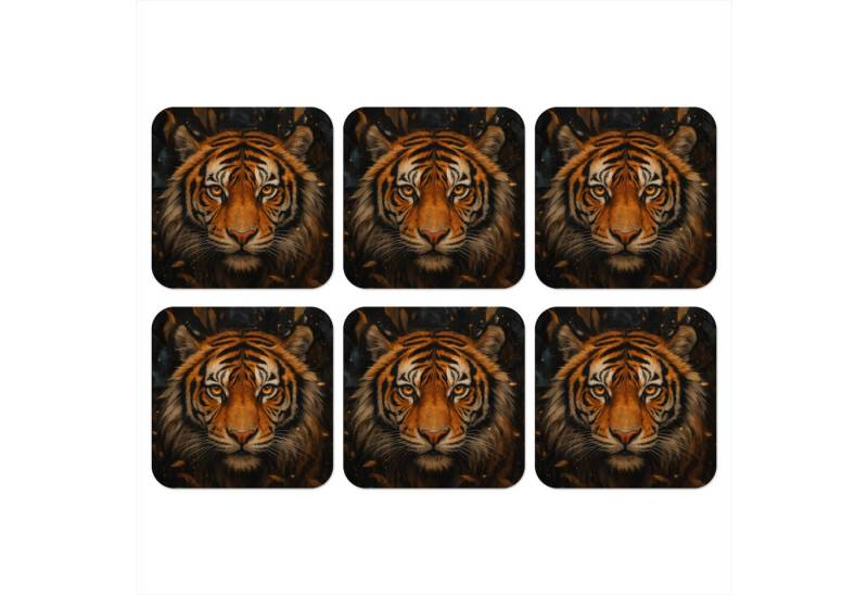 MuchoWow Glasuntersetzer Blätter - Tiger - Orange, Zubehör für Gläser, 6-tlg., Tassenuntersetzer Kork, Quadrat, Untersetzer Set Gläser, 10x10 cm von MuchoWow