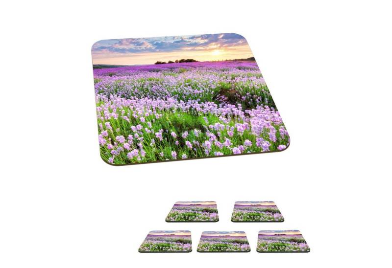 MuchoWow Glasuntersetzer Blumen - Lavendel - Lila - Himmel - Sonnenuntergang - Wiese - Natur, Zubehör für Gläser, 6-tlg., Tassenuntersetzer Kork, Quadrat, Untersetzer Set Gläser, 10x10 cm von MuchoWow