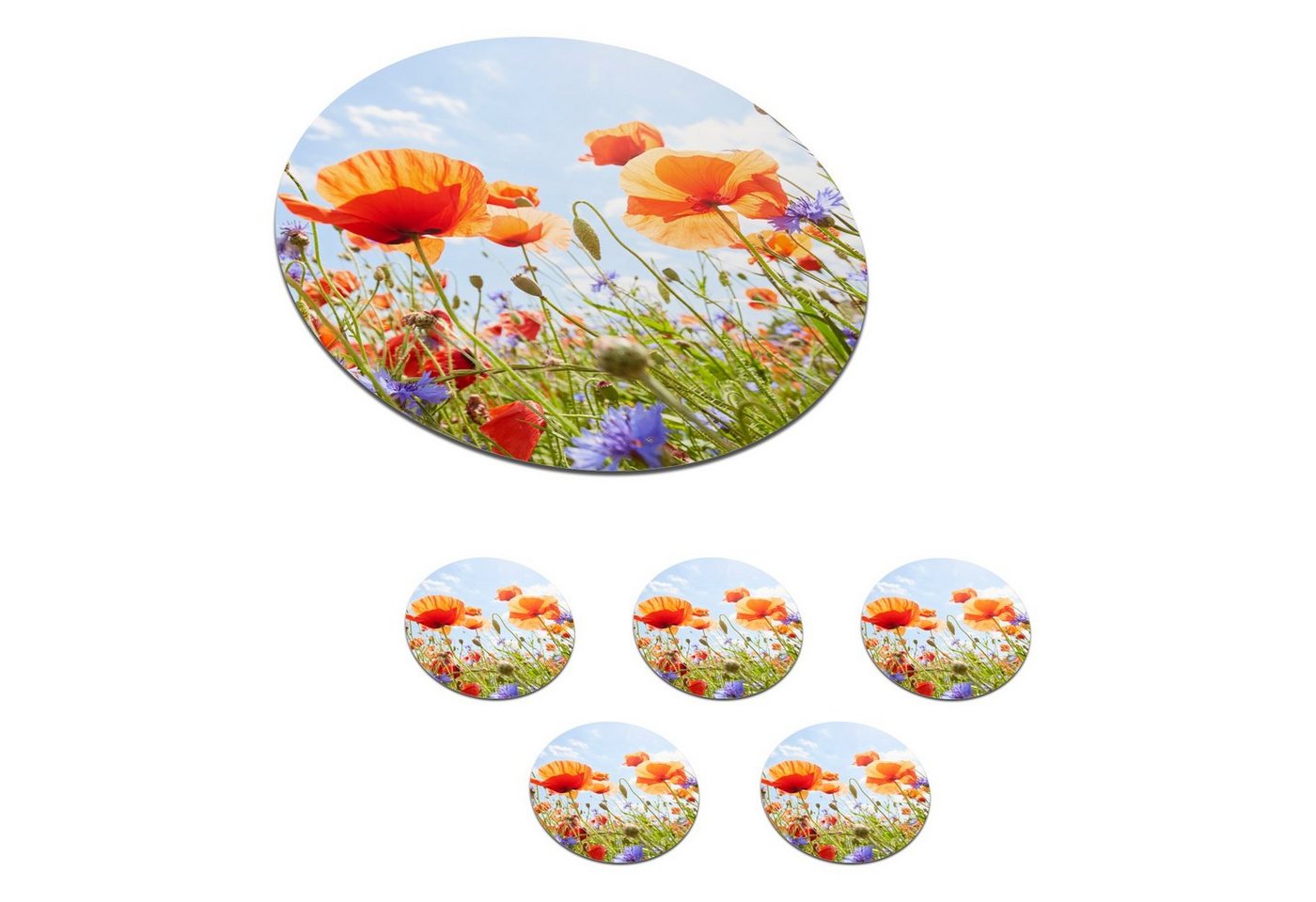 MuchoWow Glasuntersetzer Blumen - Mohn - Frühling - Natur - Rot - Blau, Zubehör für Gläser, 6-tlg., Getränkeuntersetzer, Tassenuntersetzer, Korkuntersetzer, Tasse, Becher von MuchoWow