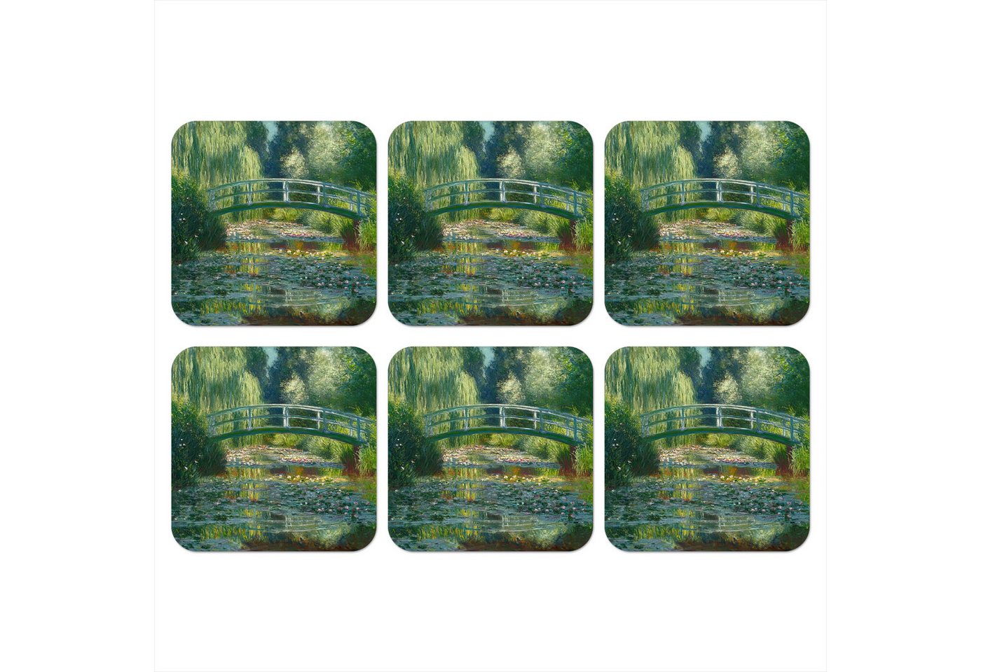 MuchoWow Glasuntersetzer Brücke - Holz - Teich - Seerosen, Zubehör für Gläser, 6-tlg., Tassenuntersetzer Kork, Quadrat, Untersetzer Set Gläser, 10x10 cm von MuchoWow