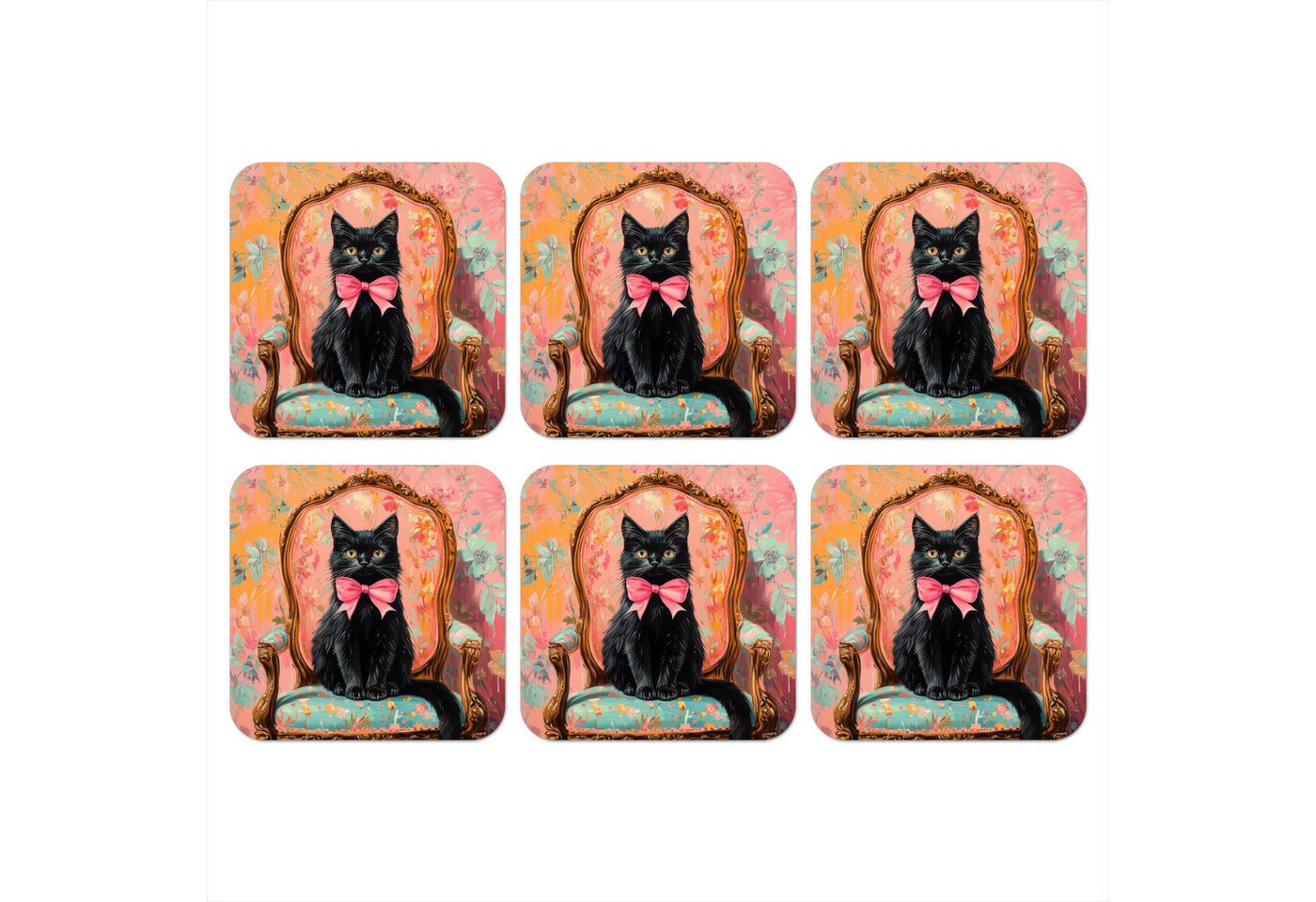 MuchoWow Glasuntersetzer Katze - Rosa - Stuhl mit Blumenmuster, Zubehör für Gläser, 6-tlg., Tassenuntersetzer Kork, Quadrat, Untersetzer Set Gläser, 10x10 cm von MuchoWow
