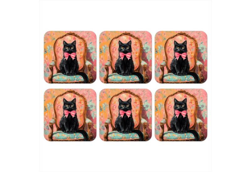 MuchoWow Glasuntersetzer Katze - Rosa - Stuhl mit Blumenmuster, Zubehör für Gläser, 6-tlg., Tassenuntersetzer Kork, Quadrat, Untersetzer Set Gläser, 10x10 cm von MuchoWow