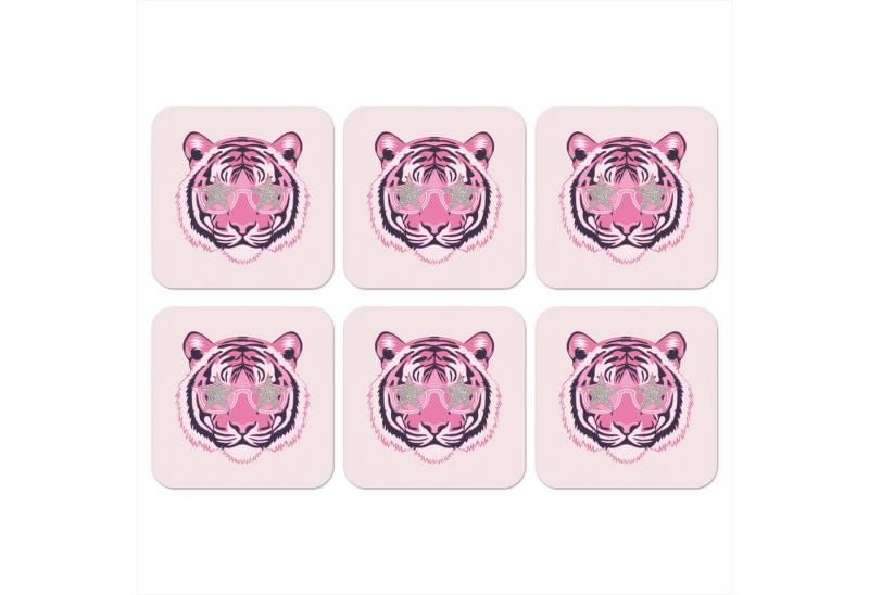 MuchoWow Glasuntersetzer Tiger - Glitzer-Sonnenbrille - Rosa, Zubehör für Gläser, 6-tlg., Tassenuntersetzer Kork, Quadrat, Untersetzer Set Gläser, 10x10 cm von MuchoWow