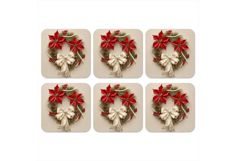 MuchoWow Glasuntersetzer Türkranz - Schleife - Weihnachten - Rot - Grün, Zubehör für Gläser, 6-tlg., Tassenuntersetzer Kork, Quadrat, Untersetzer Set Gläser, 10x10 cm von MuchoWow