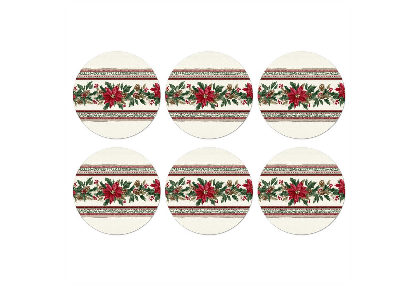 MuchoWow Glasuntersetzer Weihnachtsstreifen - Weihnachtsstern - Rot - Grün, Zubehör für Gläser, 6-tlg., Getränkeuntersetzer, Rund, Tassenuntersetzer Kork, 10x10 cm von MuchoWow