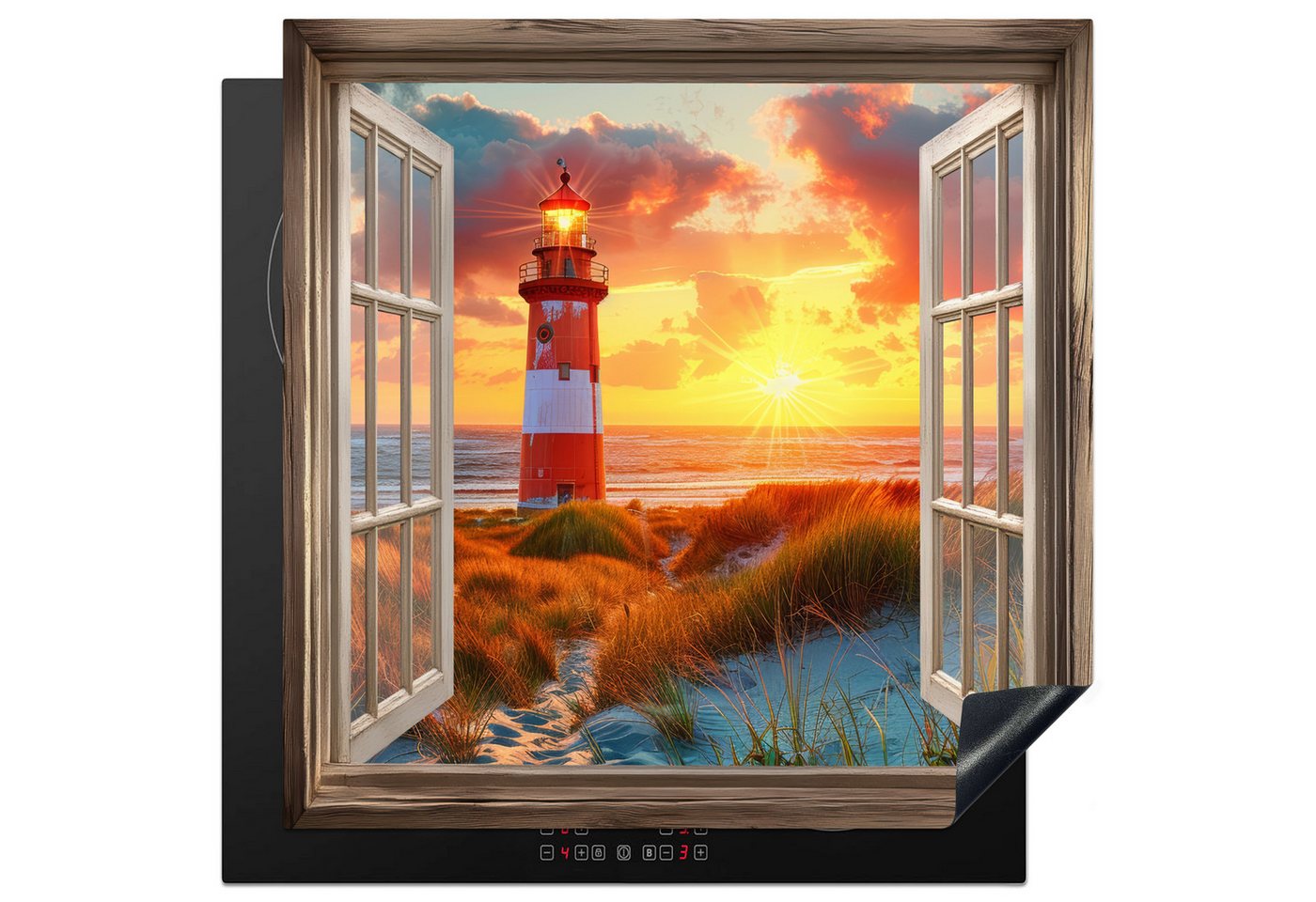 MuchoWow Herd-Abdeckplatte Aussicht - Fenster - Leuchtturm - Sonnenuntergang - Strand, Vinyl, (1 tlg), Cerankochfeld Abdeckung, Herd Abdeckplatten Vinyl, 58x59 cm von MuchoWow