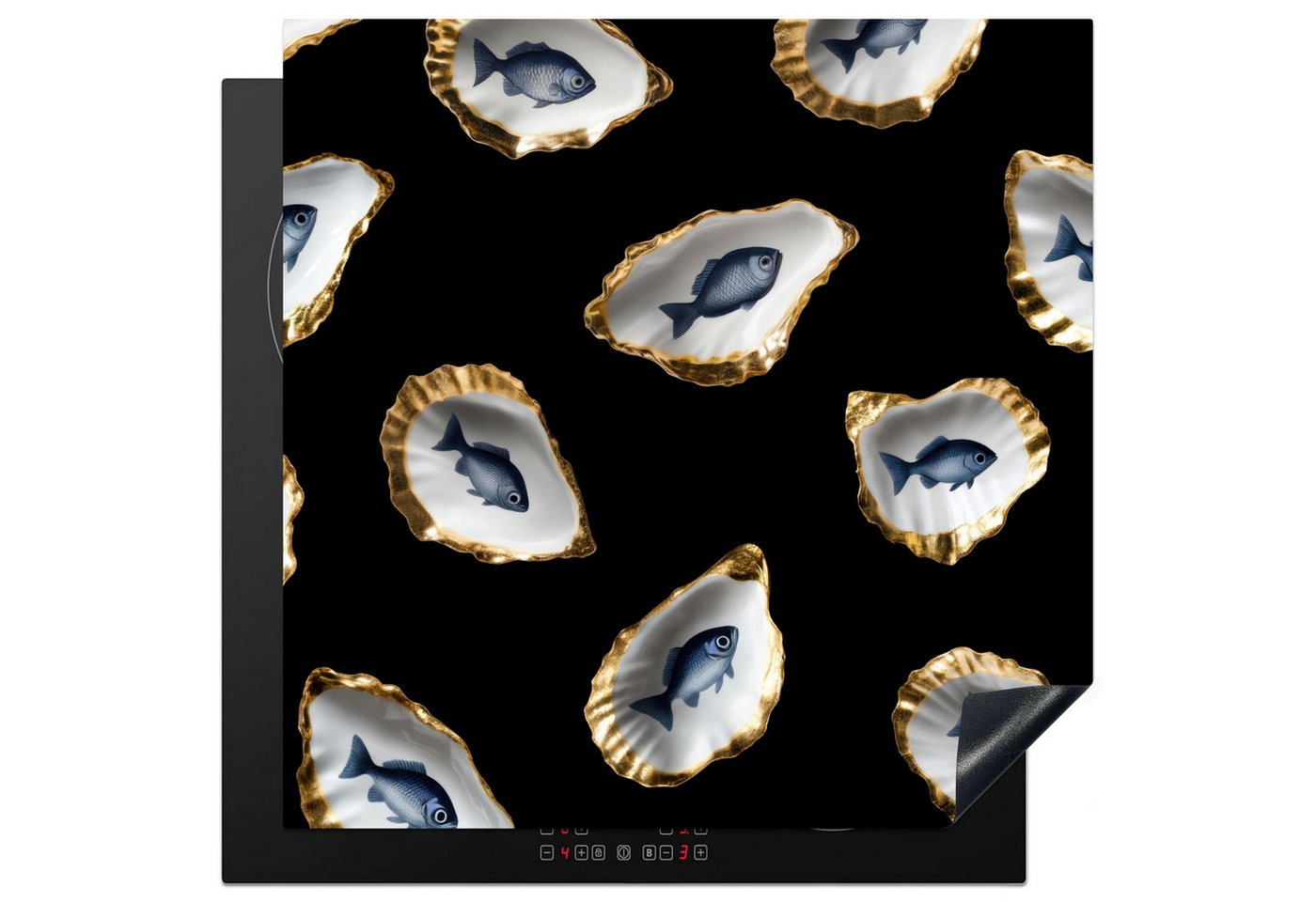 MuchoWow Herd-Abdeckplatte Austern - Fisch - Blau - Gold, Vinyl, (1 tlg), Ceranfeldabdeckung Küche, Herdabdeckplatte Einteilig, 59x51 cm von MuchoWow