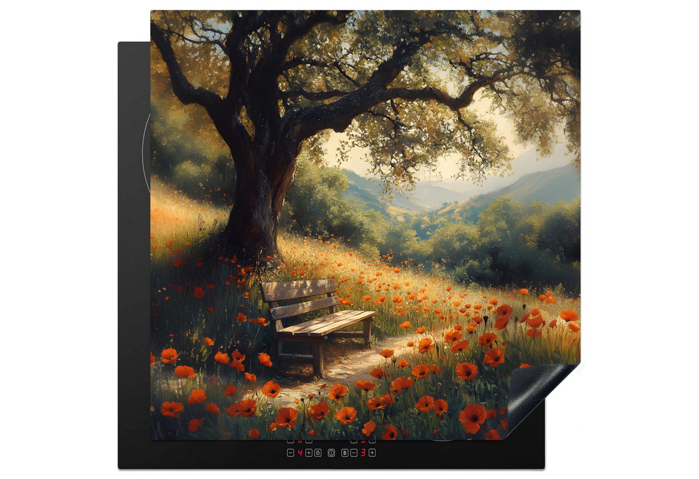 MuchoWow Herd-Abdeckplatte Bank - Baum - Mohnblumen - Hügel, Vinyl, (1 tlg), Abdeckung Induktionskochfeld Schutzmatte, Küche Deko, 65x52 cm von MuchoWow