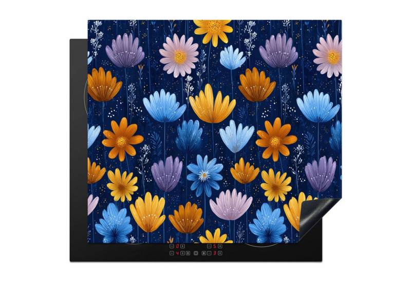 MuchoWow Herd-Abdeckplatte Blumen - Muster - Blau - Kontrast, Vinyl, (1 tlg), Ceranfeldabdeckung Küche, Herdabdeckplatte Einteilig, 59x51 cm von MuchoWow