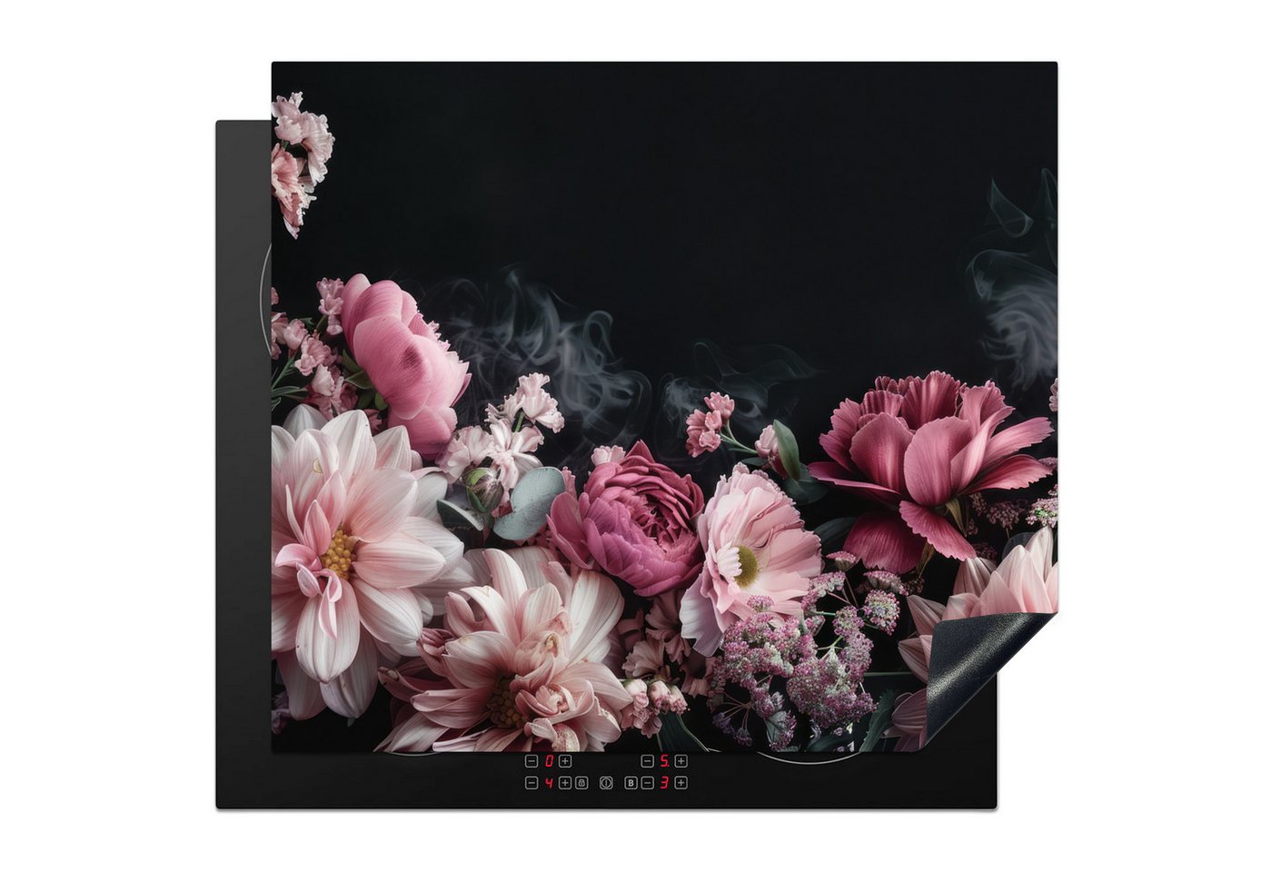 MuchoWow Herd-Abdeckplatte Blumen - Rosa - Natur - Schwarz, Vinyl, (1 tlg), Herdabdeckung für Ceranfeld, Deko Küche, 58x51 cm von MuchoWow