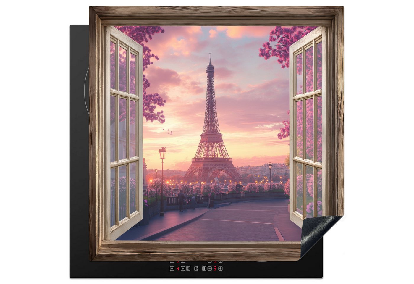 MuchoWow Herd-Abdeckplatte Durchsichtig - Paris - Eiffelturm - Rosa - Kirschblüte, Vinyl, (1 tlg), Cerankochfeld Abdeckung, Herd Abdeckplatten Vinyl, 58x59 cm von MuchoWow