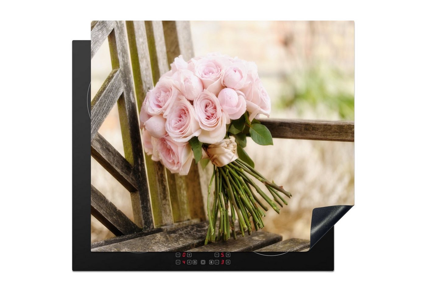 MuchoWow Herd-Abdeckplatte Ein Blumenstrauß aus rosa Rosen auf einer Holzbank, Vinyl, (1 tlg), Küche Herdabdeckplatte Ceranfeld Vinyl Einteilig, 59x52 cm von MuchoWow