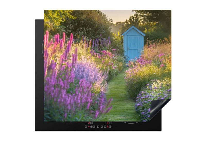 MuchoWow Herd-Abdeckplatte Gartenhaus - Blau - Blumen, Vinyl, (1 tlg), Küche Herdabdeckplatte Ceranfeld Vinyl Einteilig, 59x52 cm von MuchoWow