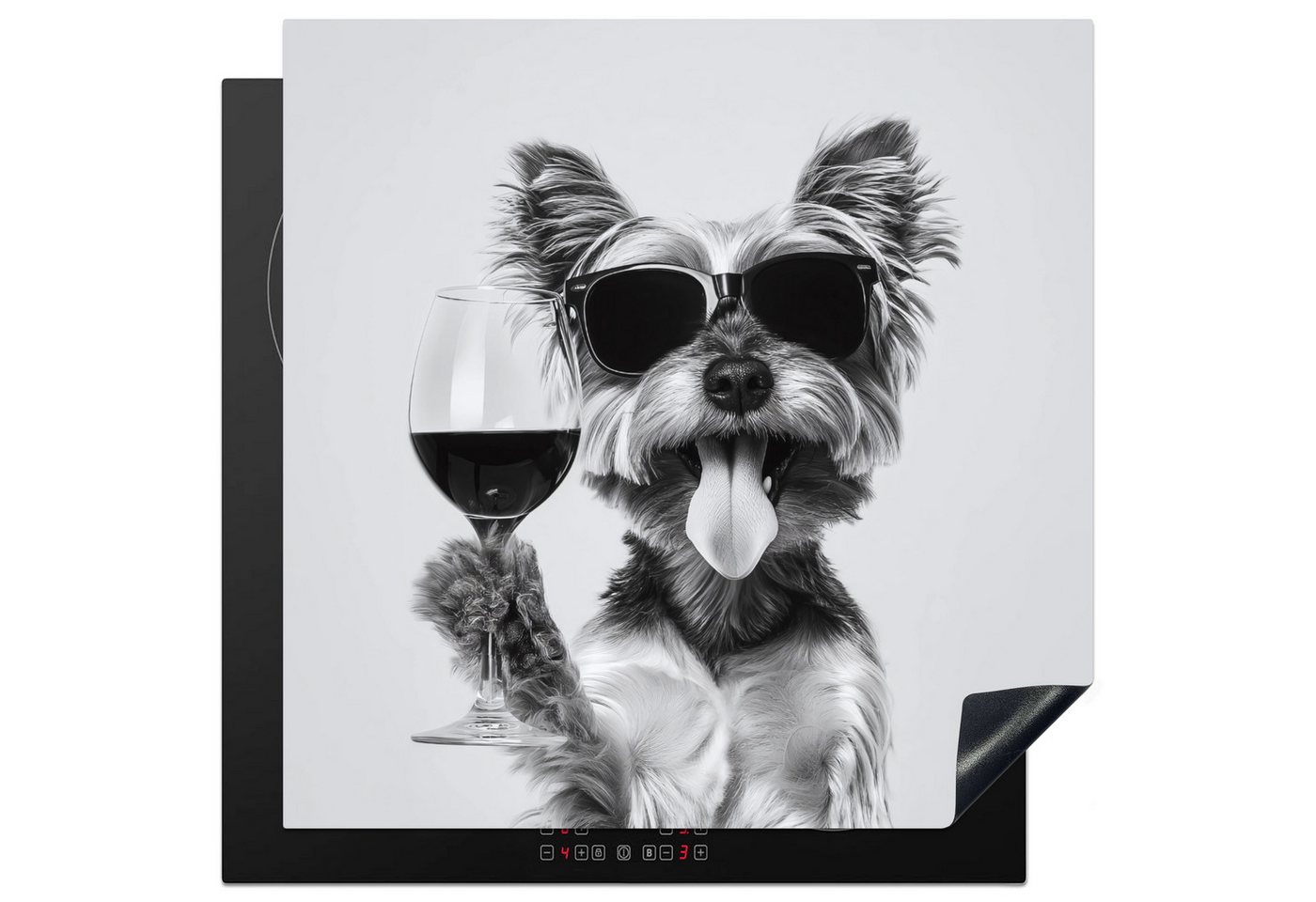 MuchoWow Herd-Abdeckplatte Hund - Weinglas - Sonnenbrille - Enthusiastisch, Vinyl, (1 tlg), Cerankochfeld Abdeckung, Herd Abdeckplatten Vinyl, 58x51 cm von MuchoWow