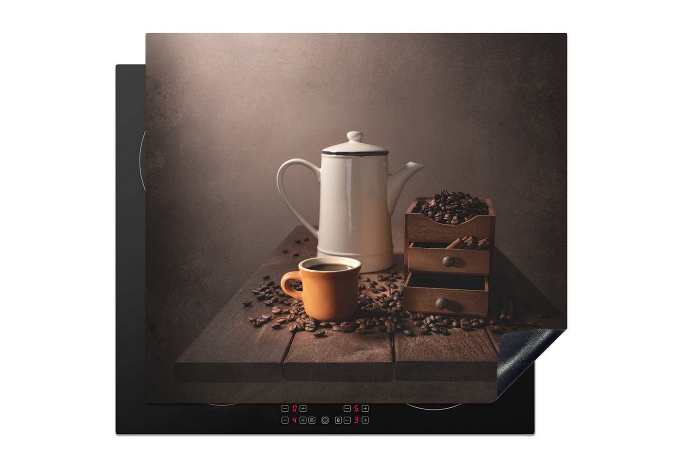 MuchoWow Herd-Abdeckplatte Kaffeekanne und Tasse inmitten von Kaffeebohnen, Vinyl, (1 tlg), Ceranfeldabdeckung Küche, Herdabdeckplatte Einteilig, 59x51 cm von MuchoWow