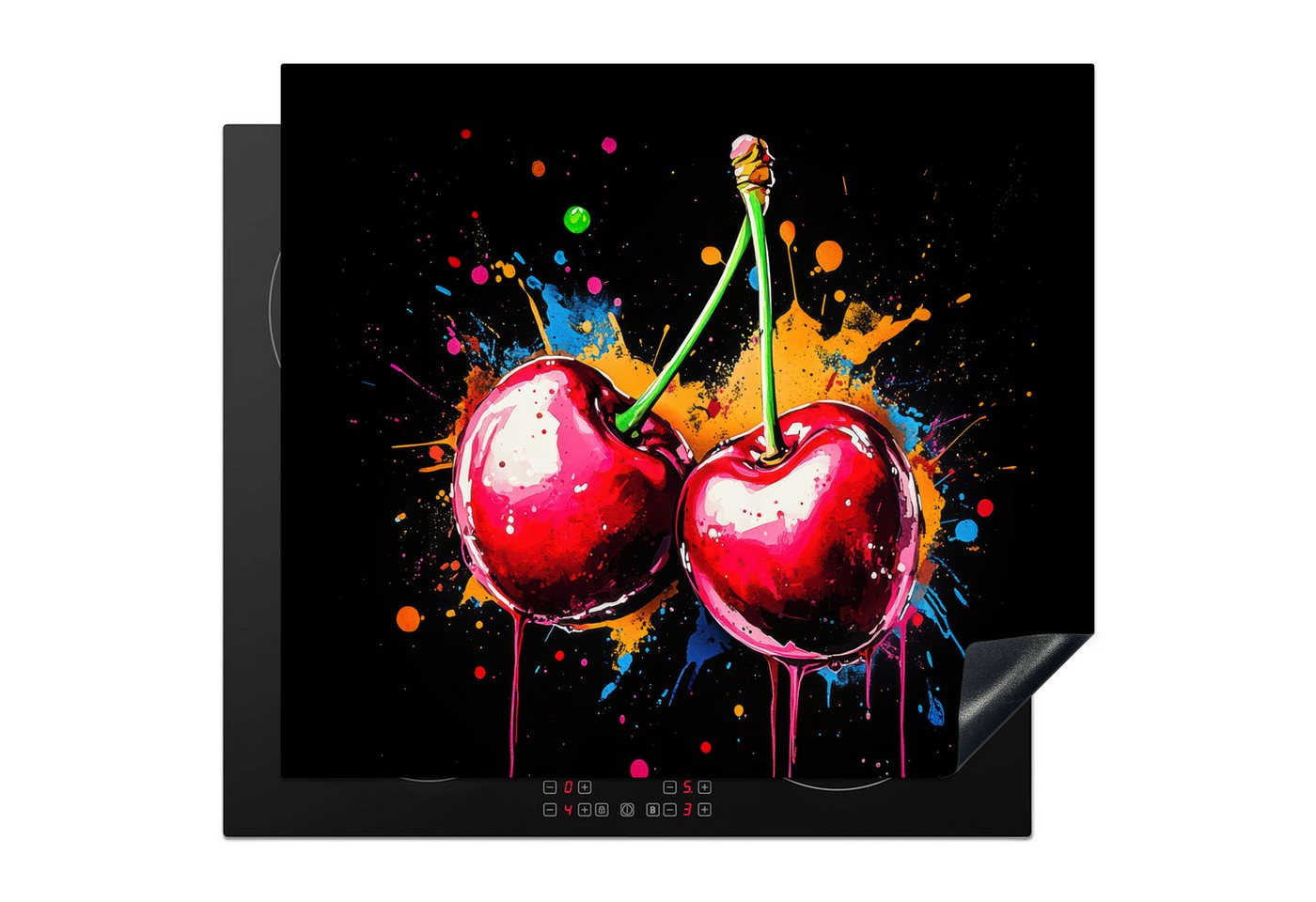MuchoWow Herd-Abdeckplatte Kirschen - Obst - Graffiti - Farbe - Abstrakt - Modern - Farbenfroh, Vinyl, (1 tlg), Cerankochfeld Abdeckung, Herd Abdeckplatten Vinyl, 58x51 cm von MuchoWow