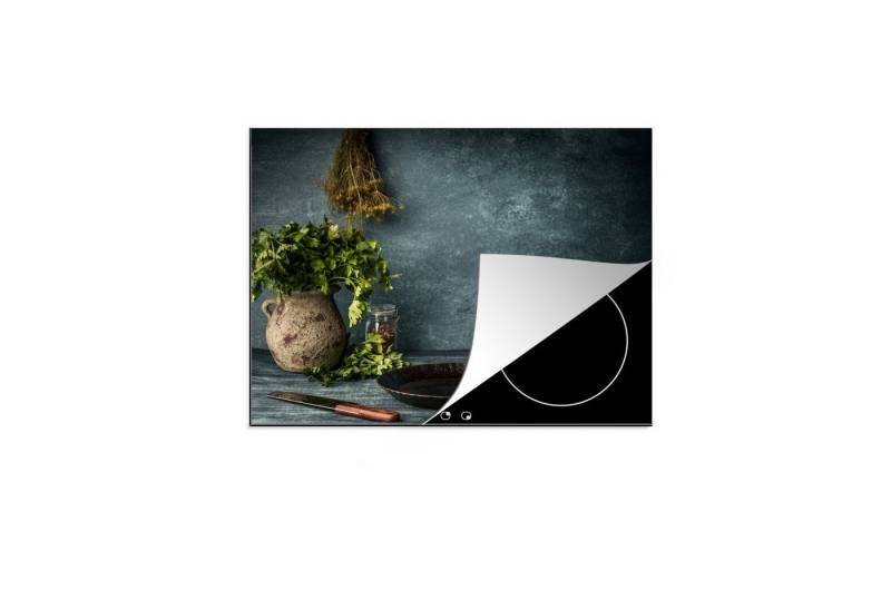 MuchoWow Herd-Abdeckplatte Kräuter - Gewürze - Pfanne - Messer - Grau - Rustikal, Vinyl, (1 tlg), Ceranfeldabdeckung Küche, Herdabdeckplatte Einteilig, 60x52 cm von MuchoWow