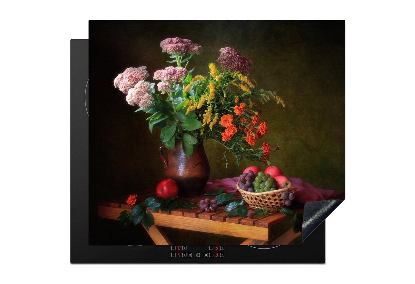MuchoWow Herd-Abdeckplatte Malerei - Stillleben - Obst - Blumen - Tisch - Kunst, Vinyl, (1 tlg), Ceranfeldabdeckung Küche, Herdabdeckplatte Einteilig, 60x52 cm von MuchoWow