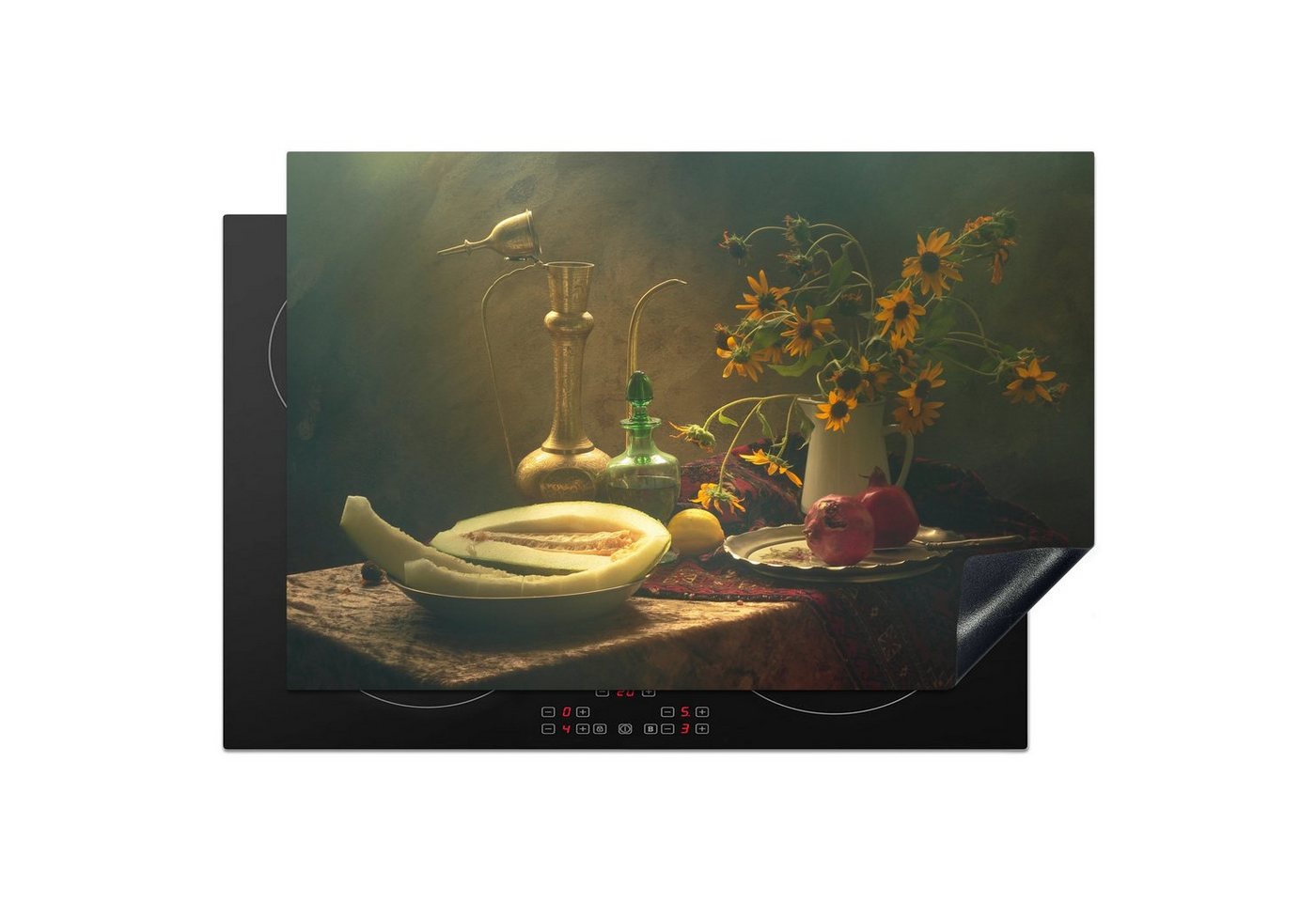 MuchoWow Herd-Abdeckplatte Stilleben -Kunst - Malerei - Obst - Sonnenblume - Blitz, Vinyl, (1 tlg), Induktionsabdeckung Vinyl, Küchenzubehör, 77x51 cm von MuchoWow