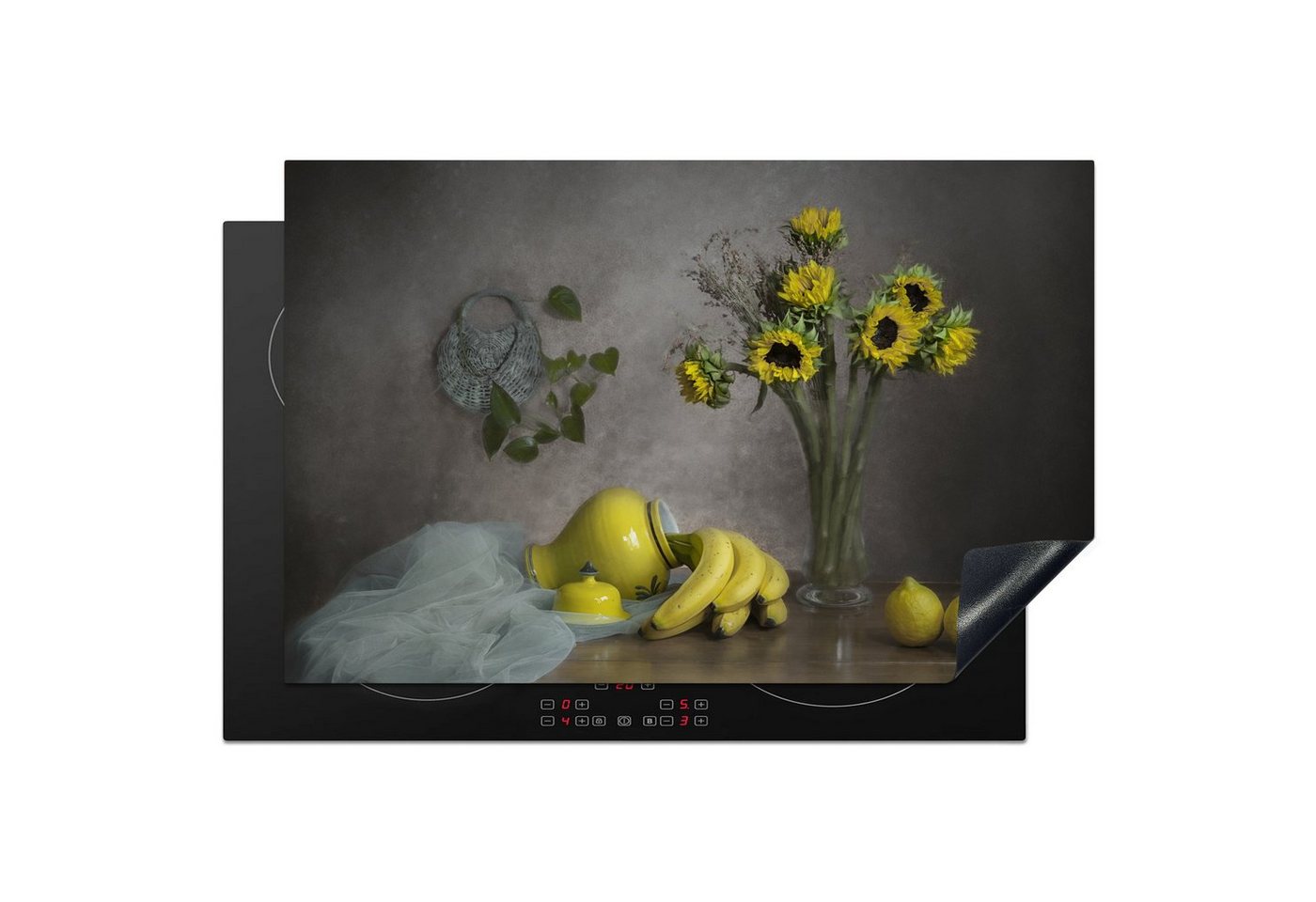 MuchoWow Herd-Abdeckplatte Stilleben - Malerei - Obst - Sonnenblumen - Vase - Bananen - Kunst, Vinyl, (1 tlg), Cerankochfeld Abdeckung, Herd Abdeckplatten Vinyl, 76x51 cm von MuchoWow