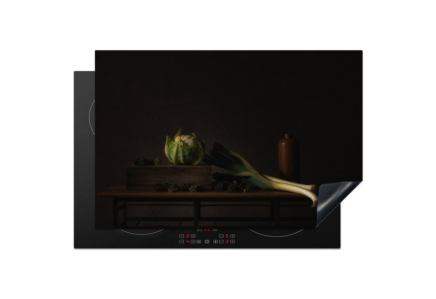 MuchoWow Herd-Abdeckplatte Stilleben - Tisch - Malerei - Gemüse - Lauch - Blumenkohl - Kunst, Vinyl, (1 tlg), Induktionsabdeckung Vinyl, Küchenzubehör, 77x51 cm von MuchoWow
