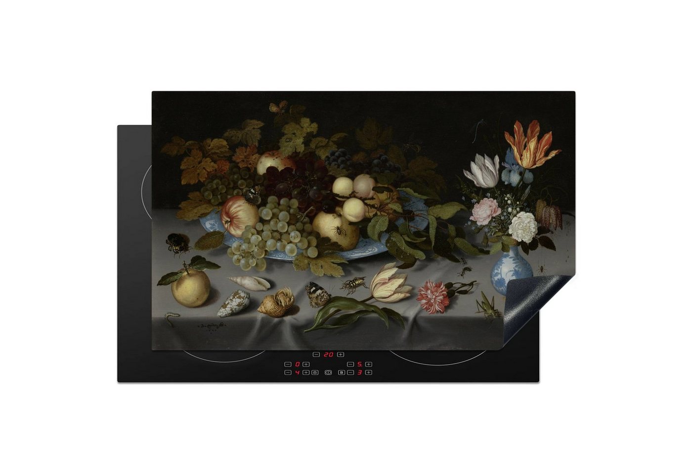 MuchoWow Herd-Abdeckplatte Stilleben mit Obst und Blumen - Gemälde von Balthasar van der Ast, Vinyl, (1 tlg), Herdplattenabdeckung für Ceranfeld, Herdplatten Vinyl, 83x51 cm von MuchoWow