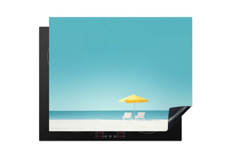 MuchoWow Herd-Abdeckplatte Strand - Blauer Himmel - Gelb - Sonnenschirm, Vinyl, (1 tlg), Herdabdeckplatten für Ceranfeld, Induktionsschutz, 65x55 cm von MuchoWow