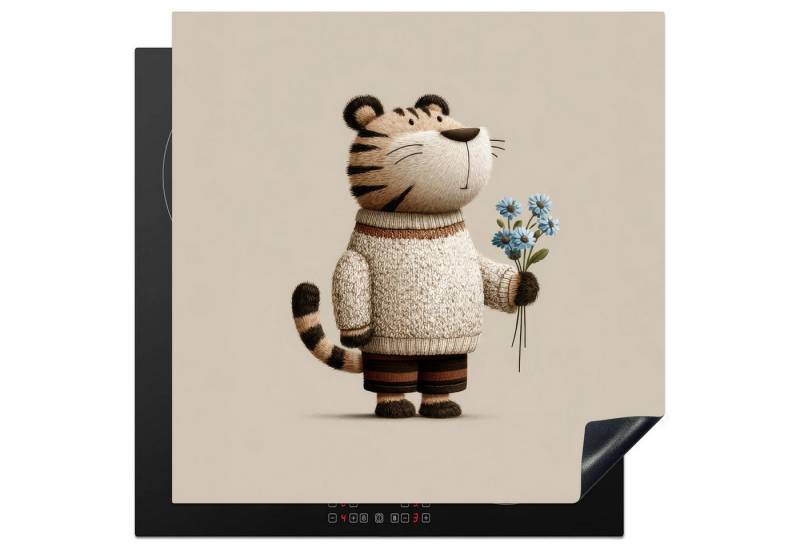 MuchoWow Herd-Abdeckplatte Tiger - Blaue Blumen - Leise, Vinyl, (1 tlg), Cerankochfeld Abdeckung, Herd Abdeckplatten Vinyl, 58x59 cm von MuchoWow