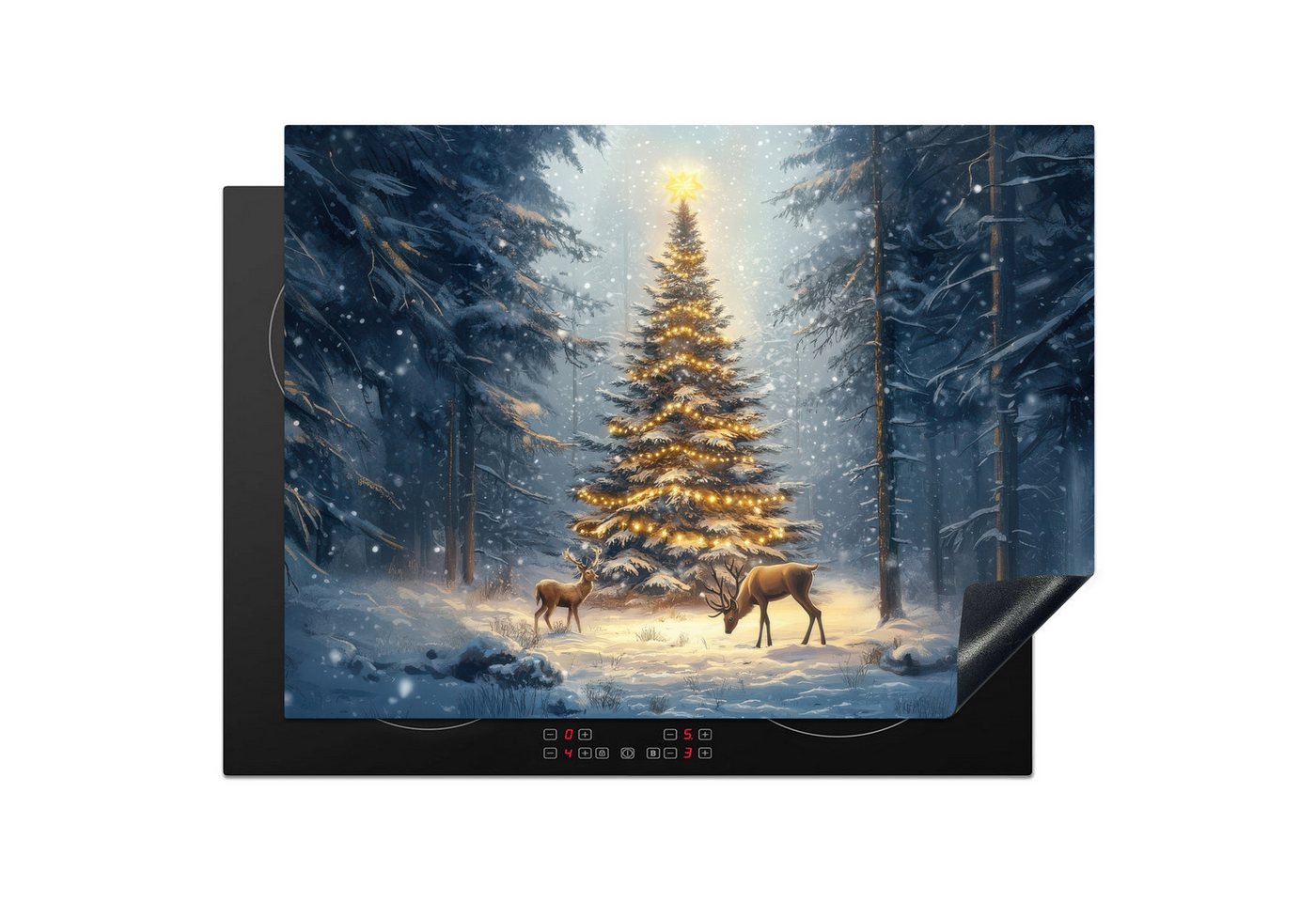 MuchoWow Herd-Abdeckplatte Weihnachtsbeleuchtung - Wald - Hirsche - Dunkelheit, Vinyl, (1 tlg), Küche Herdabdeckung Ceranfeld Induktionsfeld Vinyl, 65x50 cm von MuchoWow