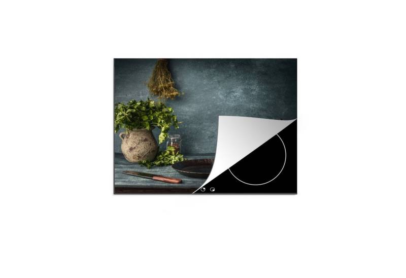 MuchoWow Herd-Abdeckplatte lebensmittel-hintergrund-mit-brat-eisen-pfanne-messer-und-küchenherbst, Vinyl, (1 tlg), Abdeckplatte für Ceranfeld, Herd Inductionsmatte, 57x51 cm von MuchoWow
