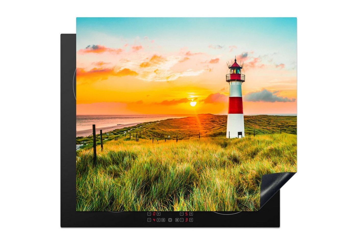 MuchoWow Herd-Abdeckplatte Leuchtturm - Natur - Sonne - Landschaft - Gras - Strand - Meer, Vinyl, (1 tlg), Herdplattenabdeckung für die Küche, 59x51 cm von MuchoWow