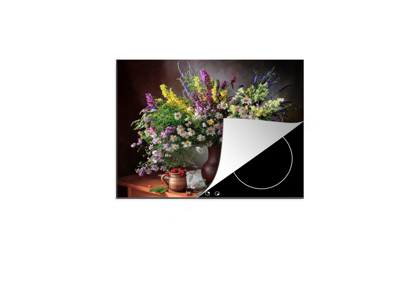 MuchoWow Herdblende-/Abdeckplatte Blumen - Tisch - Stilleben - Blumenstrauß - Vase, Vinyl, (1 tlg), Induktionsschutz - Herdabdeckung Matte von Vinyl, das perfekte, rollbare Material für jedes Kochfeld - vergrößert die Arbeitsfläche - Küchen Dekoration - Induktionsherd Abdeckung Induktionskochfeld von MuchoWow