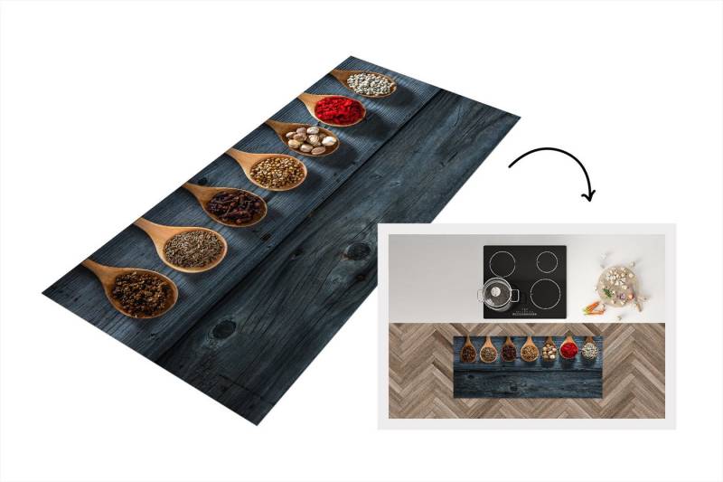 MuchoWow Küchenläufer Gewürze - Löffel - Holz - Küche - Gewürze - Industrie, Rechteckig, Küchenteppich, Läufer für Küche, Rutschfest, Küchendeko, 120x50 cm von MuchoWow