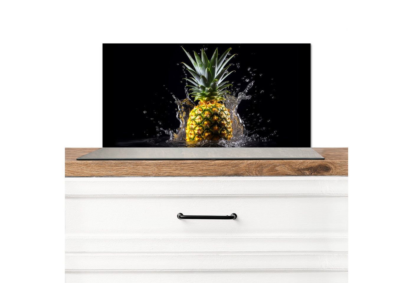 MuchoWow Küchenrückwand Ananas - Obst - Wasser - Pflanzen - Schwarz, (1-tlg), Spritzschutz Küchenrückwand, Wandschutz, 60x30 cm von MuchoWow