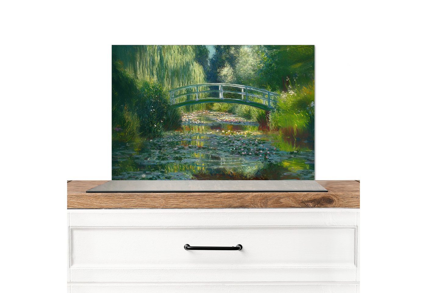 MuchoWow Küchenrückwand Brücke - Holz - Teich - Seerosen, (1-tlg), Spritzschutz Küche, Küchendeko, 60x40 cm von MuchoWow