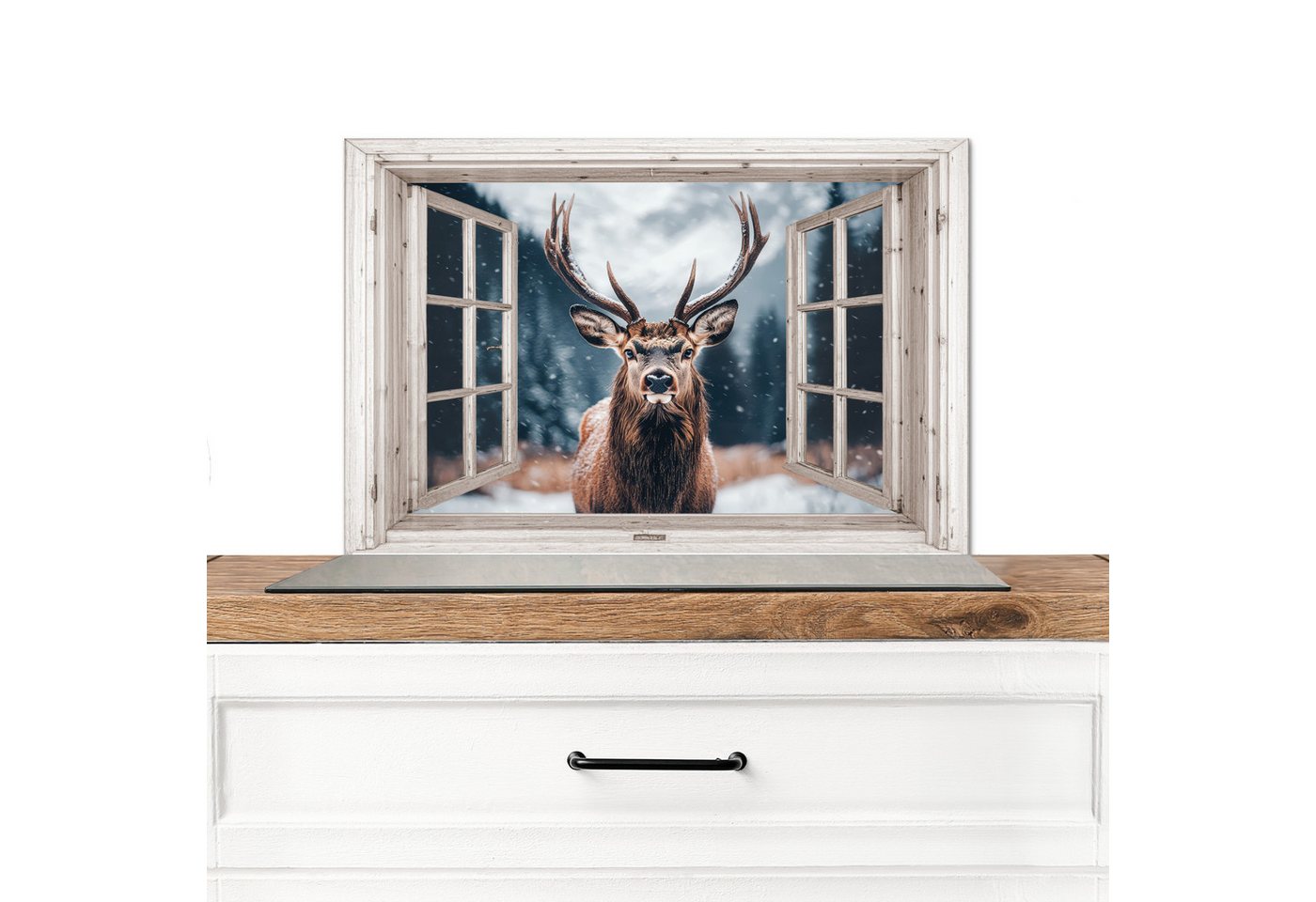MuchoWow Küchenrückwand Hirsche - Tiere - Landschaft - Winter - Schnee - Aussicht - Natur, (1-tlg), Spritzschutz Küche, Küchendeko, 60x40 cm von MuchoWow