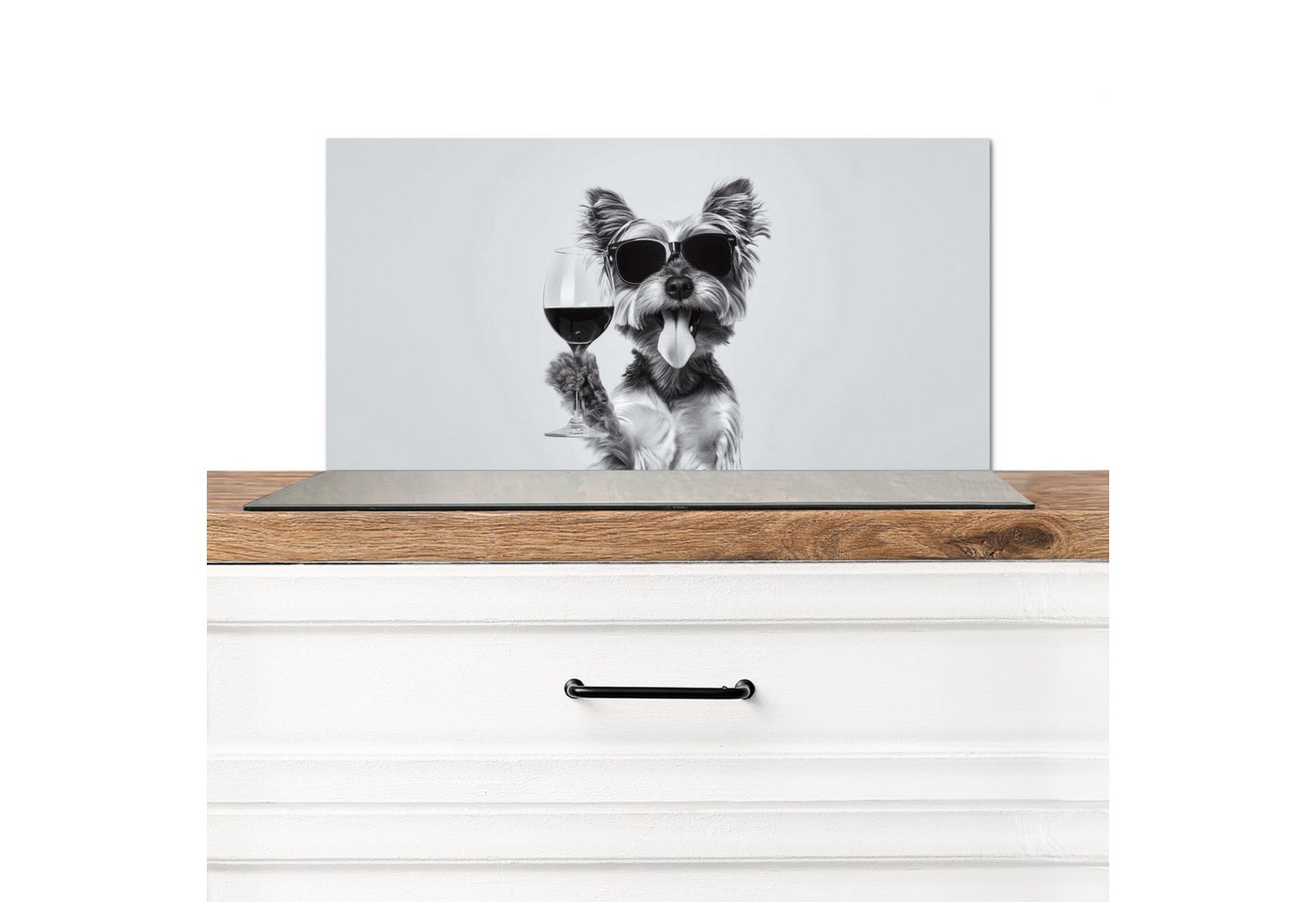 MuchoWow Küchenrückwand Hund - Weinglas - Sonnenbrille - Enthusiastisch, (1-tlg), Spritzschutz Küchenrückwand, Wandschutz, 60x30 cm von MuchoWow