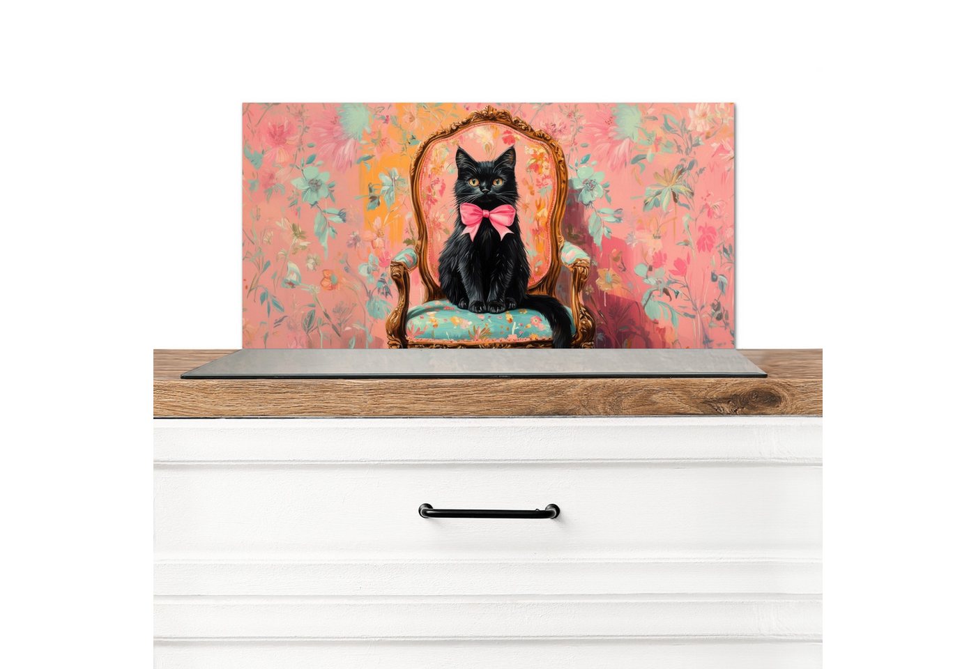 MuchoWow Küchenrückwand Katze - Rosa - Stuhl mit Blumenmuster, (1-tlg), Spritzschutz Küchenrückwand, Wandschutz, 60x30 cm von MuchoWow